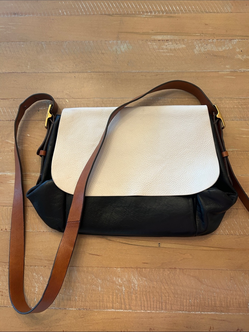 Fossil Two-Tone Black and White Leather Crossbody with Brown Strap